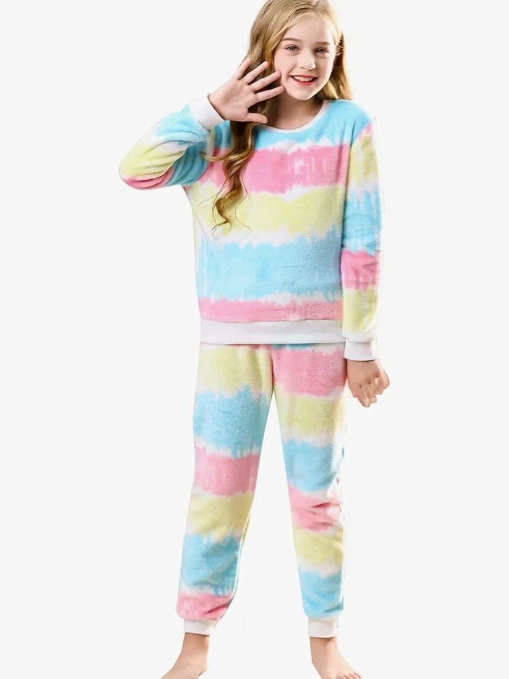 Kids Tie-Dye Plush Pajama Set in Blue, Pink & Yellow